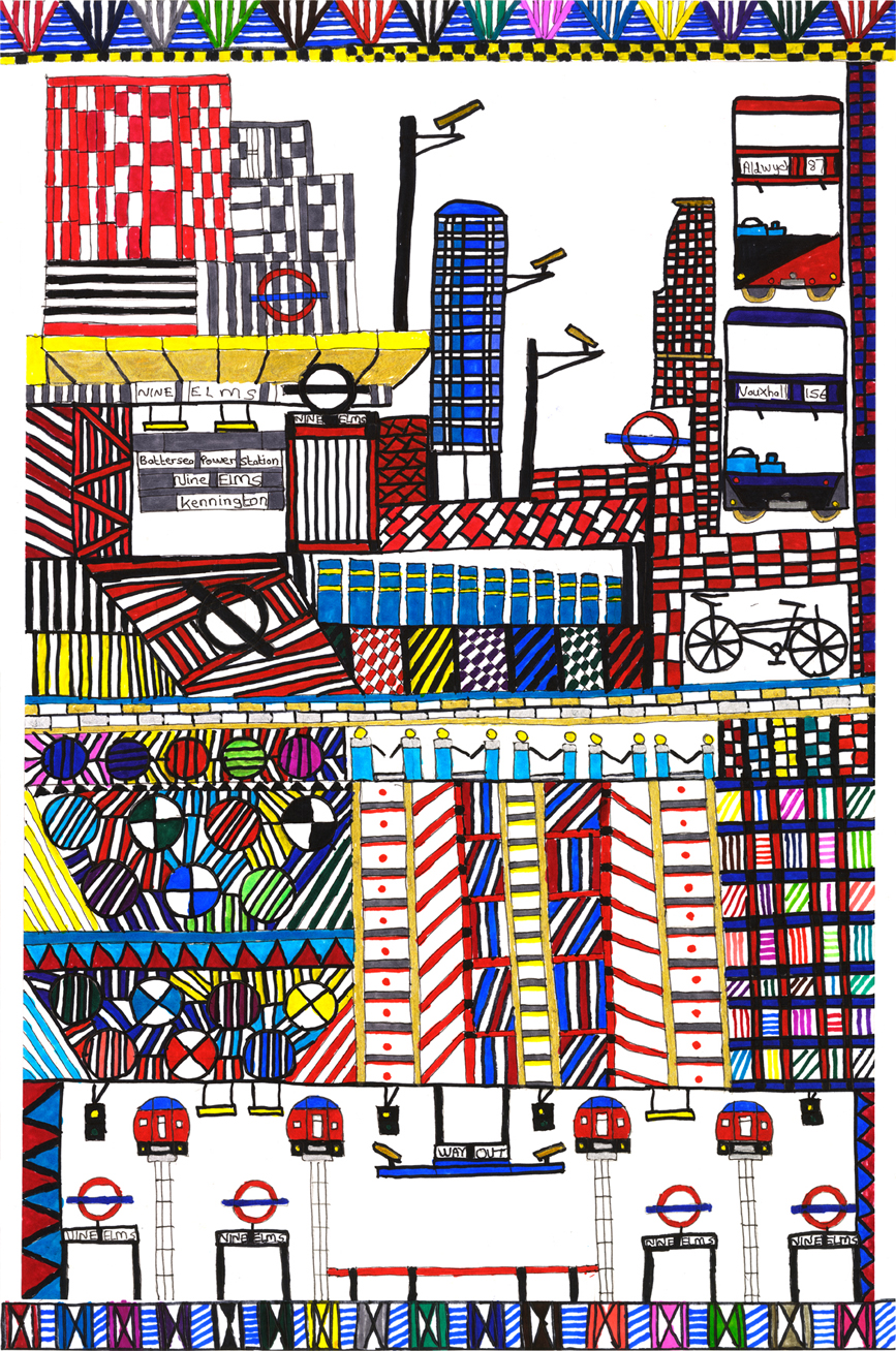 An abstract colourful drawing of Nine Elms Tube Station.