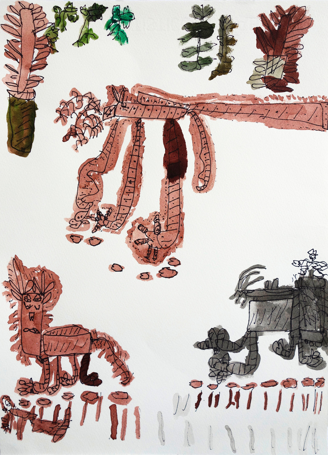 A series of figures, pen and ink