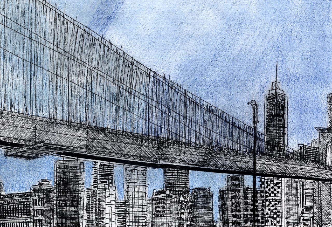 Coloured drawing of a suspension bridge over a city skyline.