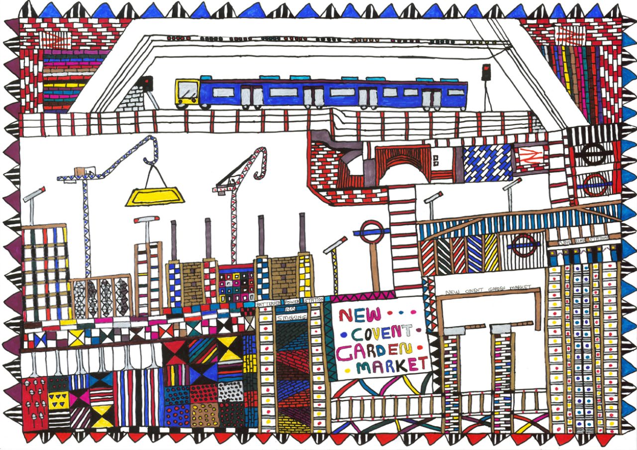 An abstract colourful drawing of Covent Garden Market.
