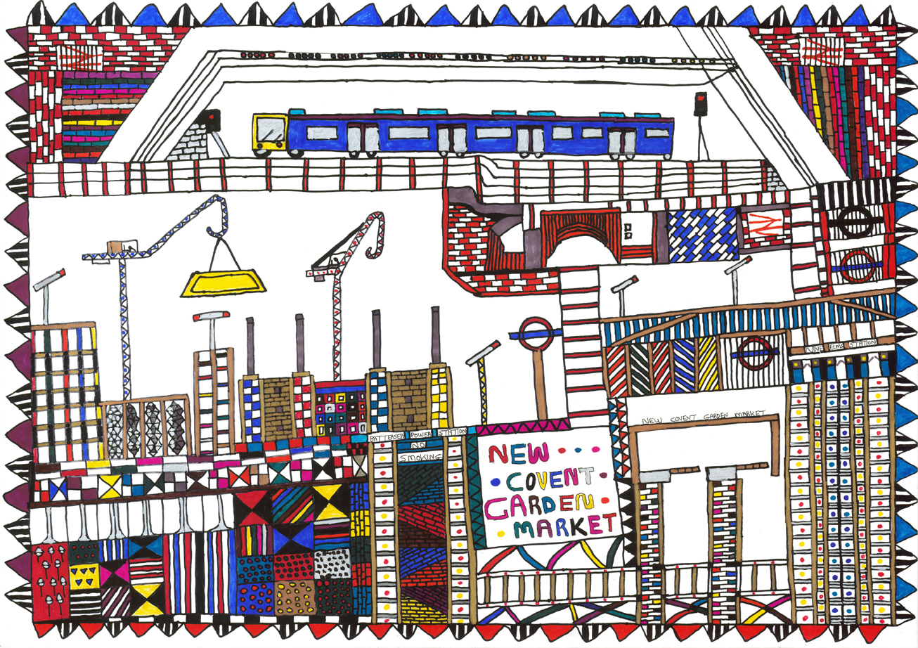An abstract colourful drawing of Covent Garden Market.