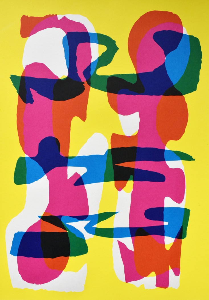An abstract print on a yellow background.