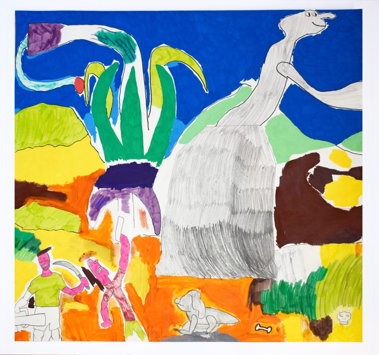 A colourful drawing in pen.
