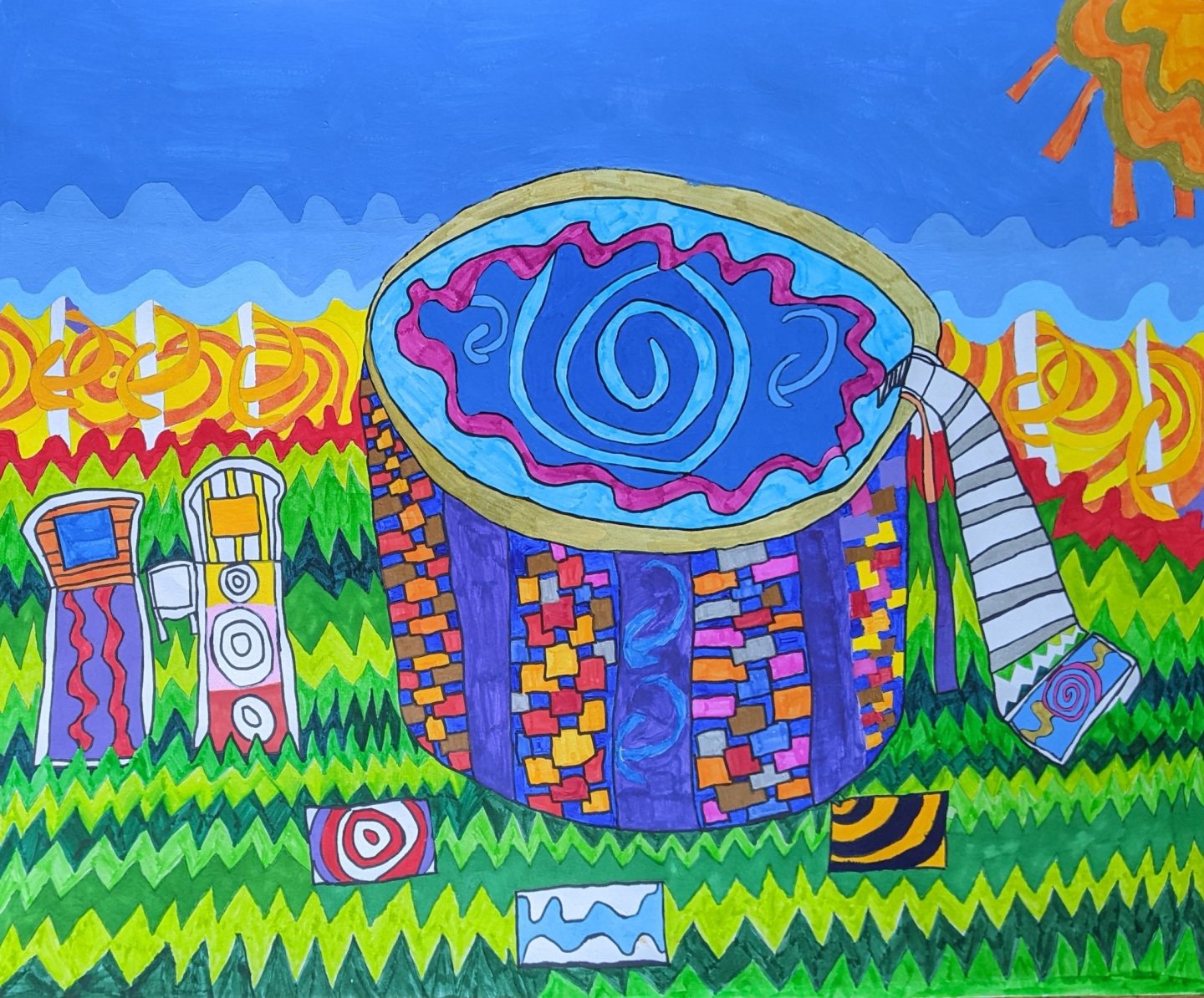 A painting of a swimming pool.