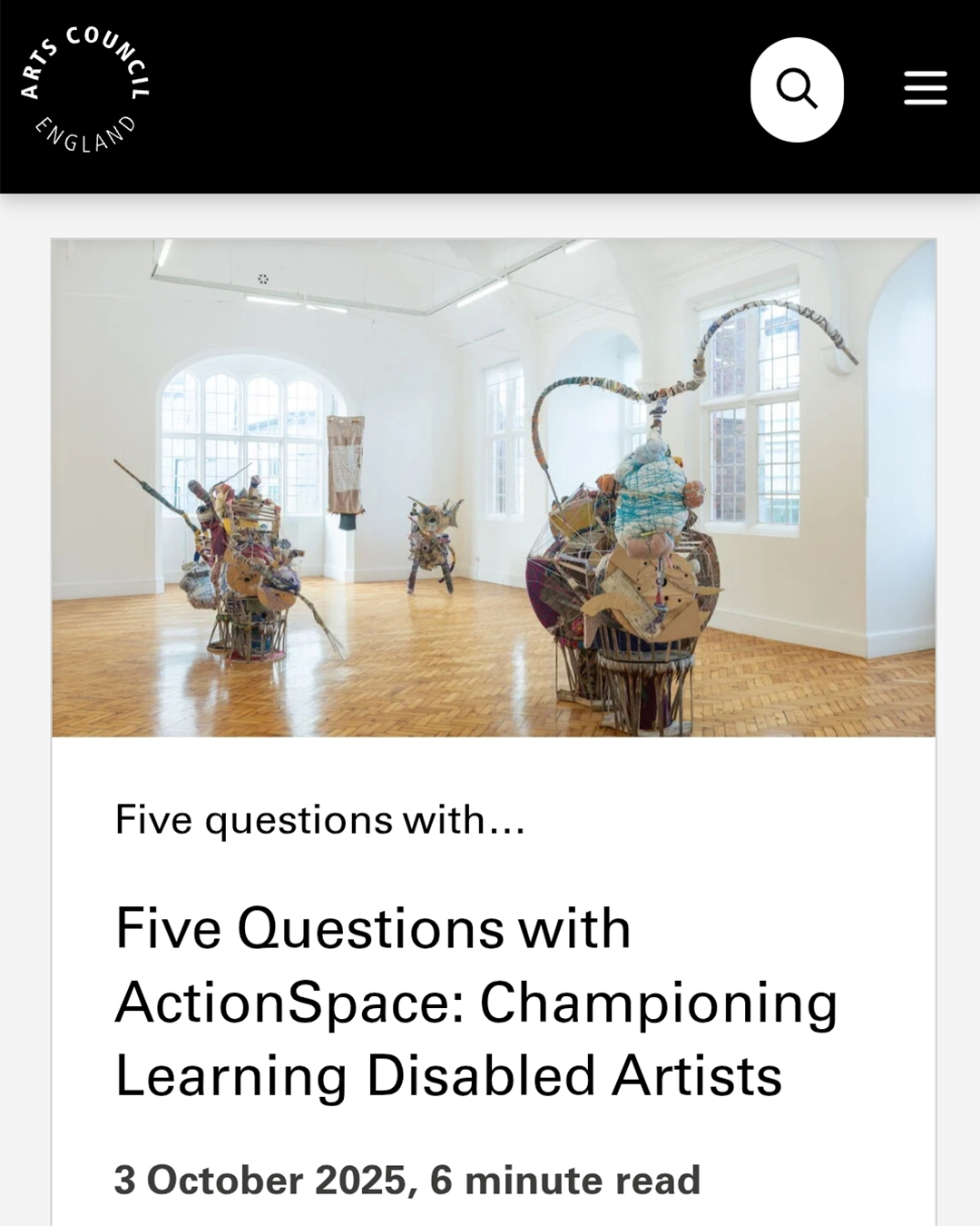 Screenshot of webpage for Arts Council England interview with ActionSpace.