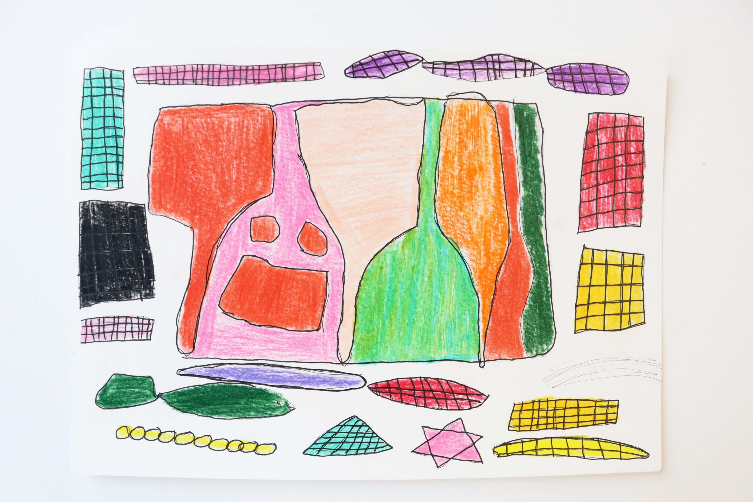 A small colourful, pencil drawing on paper with angular shapes, faces and grid like hatching marks.