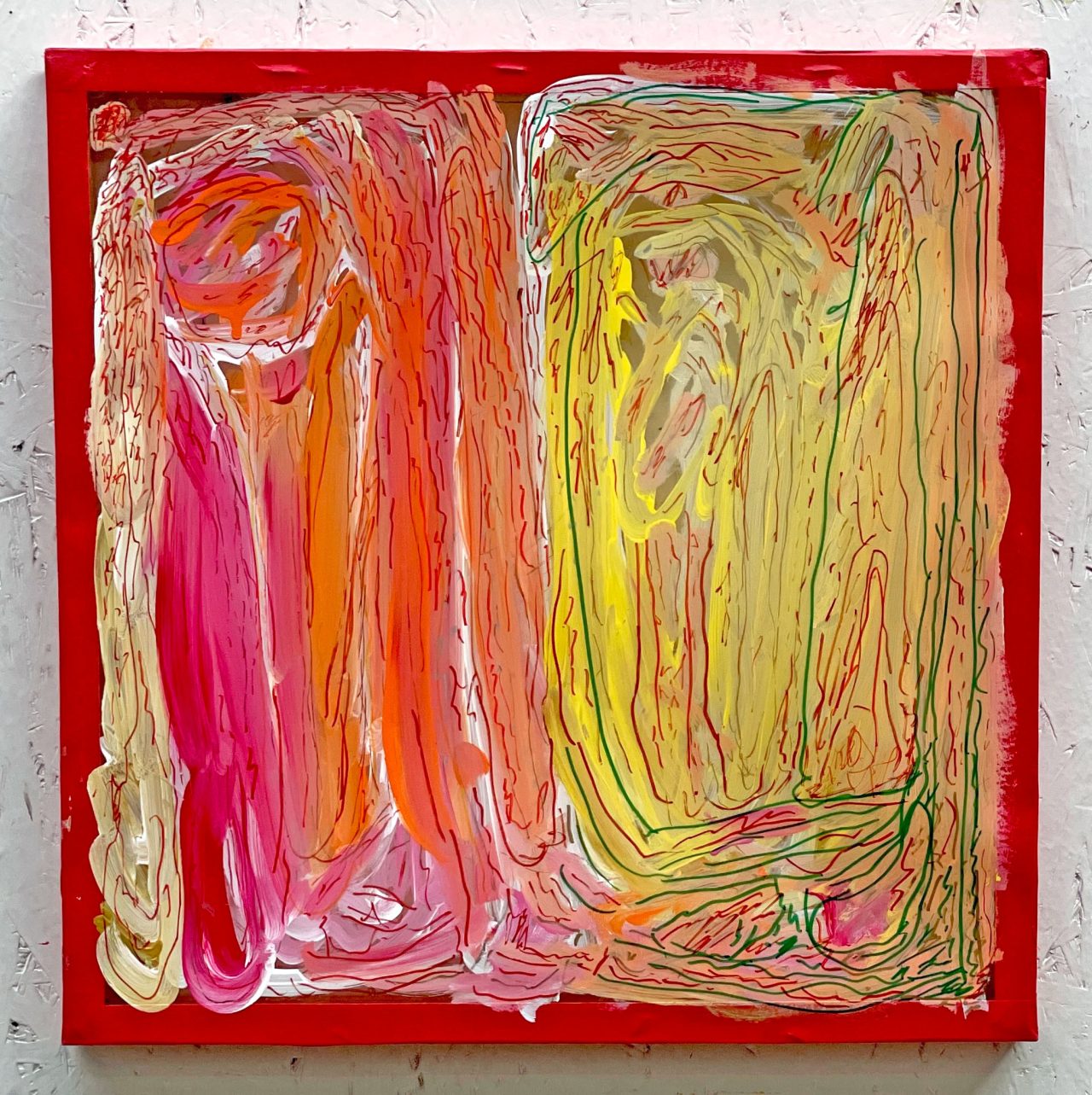 Abstract painting with a red frame.