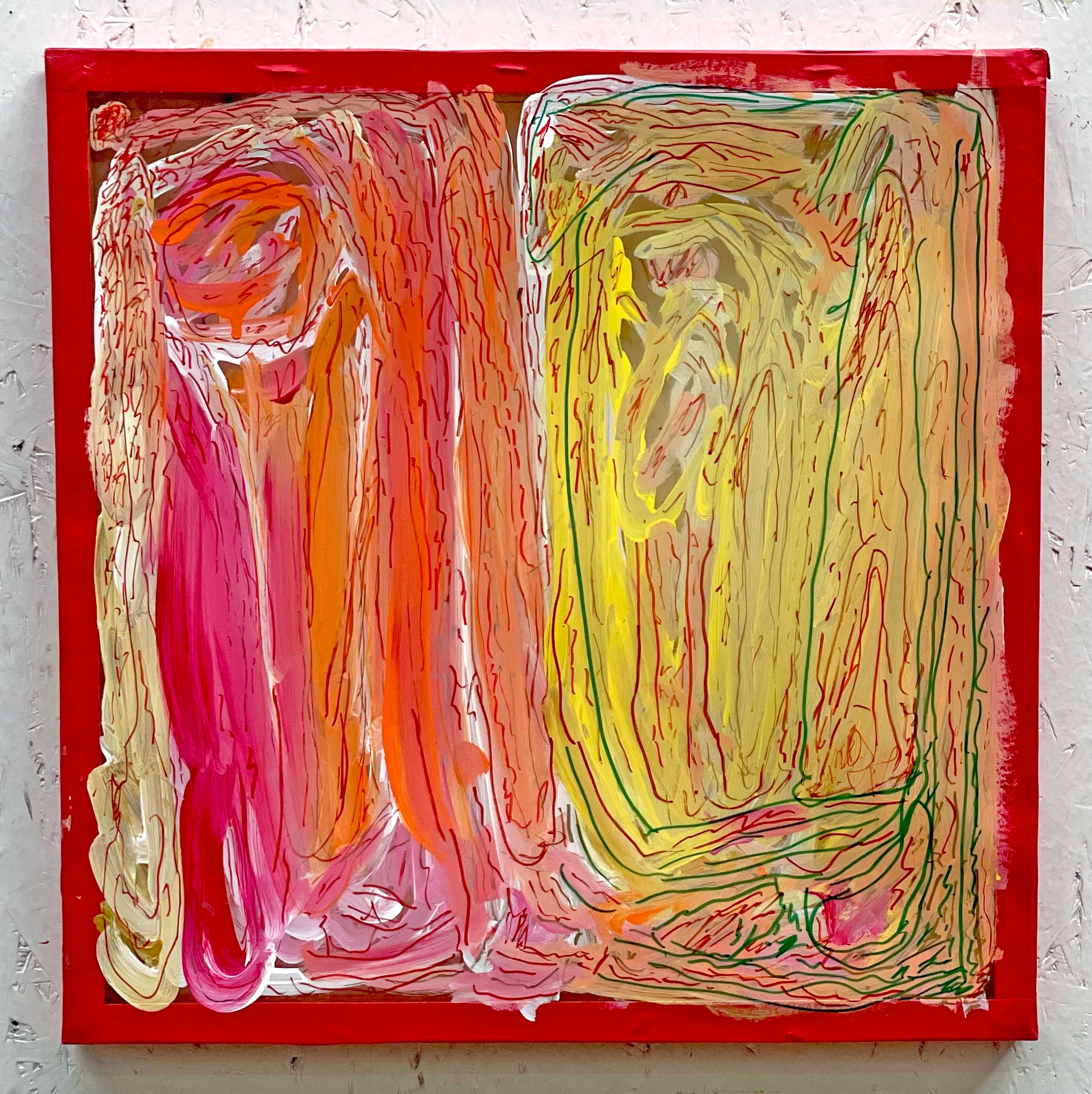 Abstract painting with a red frame.