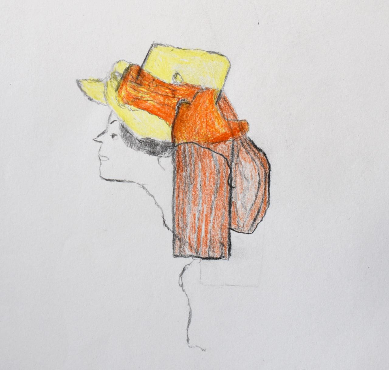A drawing of a figure wearing a large, brightly coloured hat