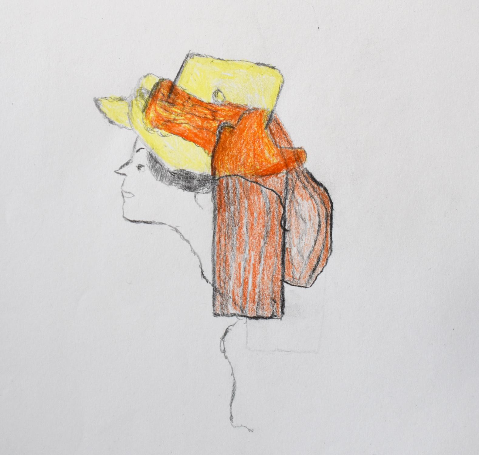 A drawing of a figure wearing a large, brightly coloured hat