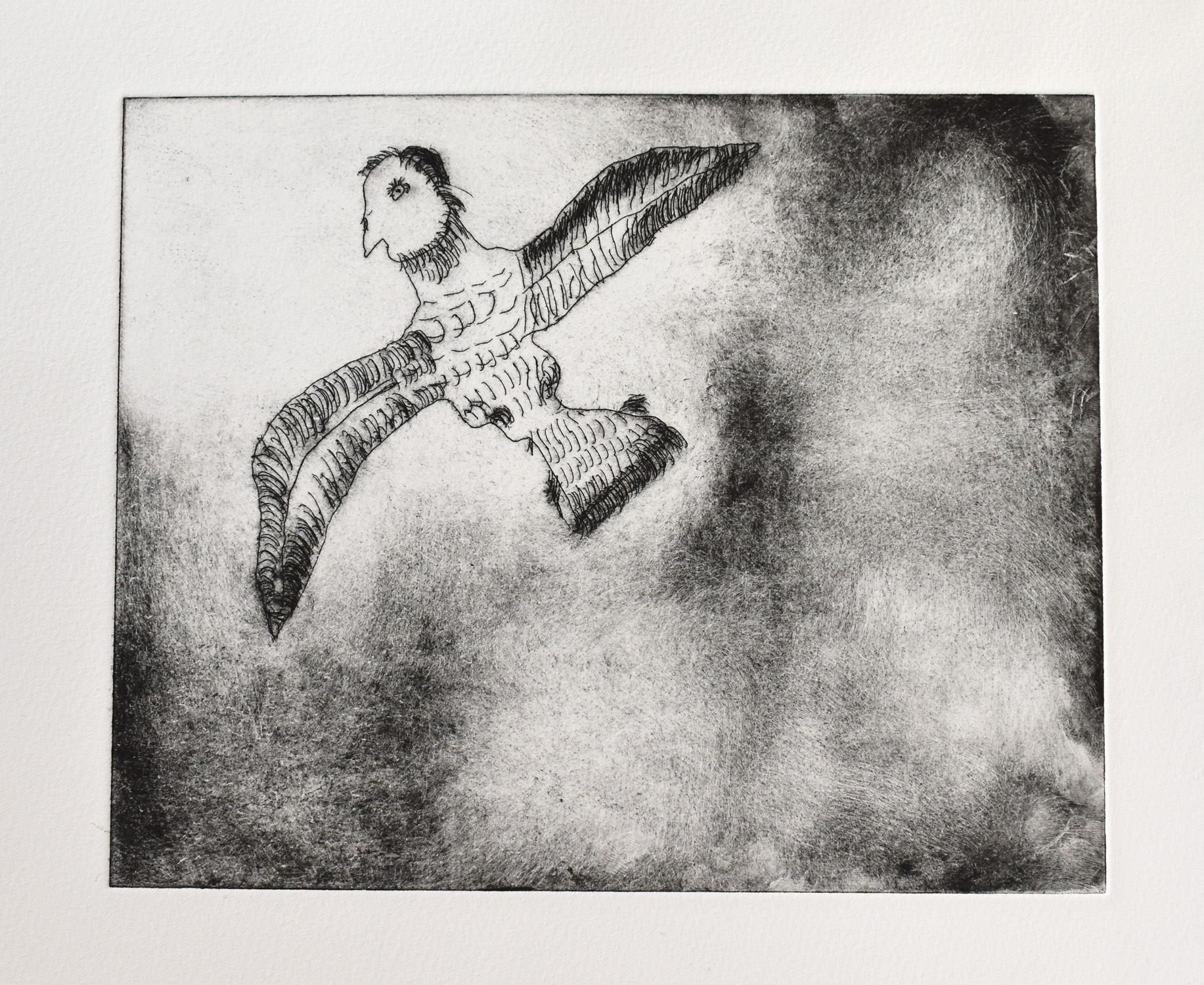 A black intaglio print of a bird with a man's head on white paper.