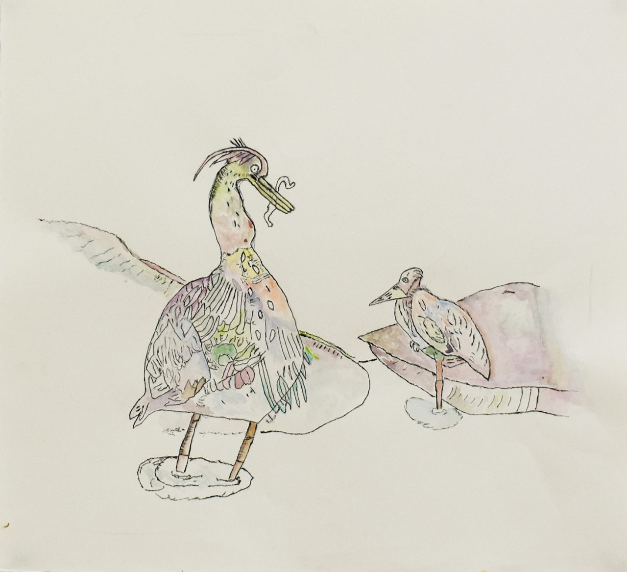 A watercolour painting depicting two birds.