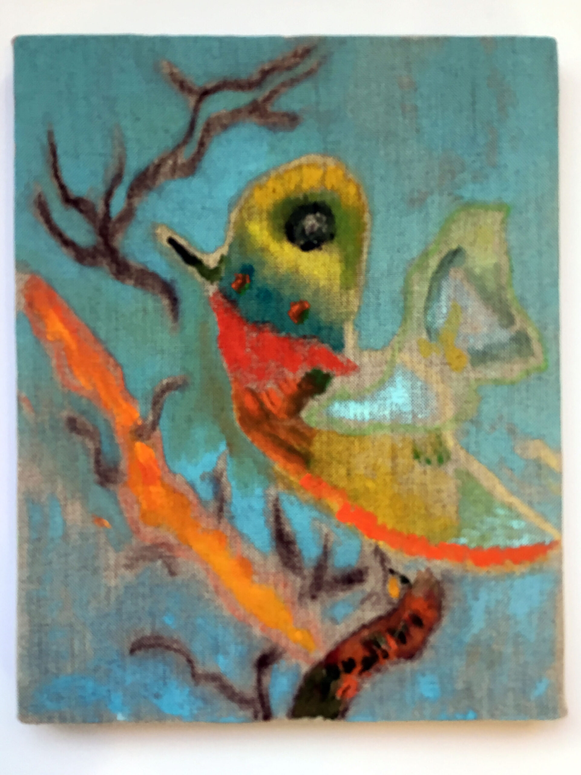 Painting of a multicoloured bird on a branch.