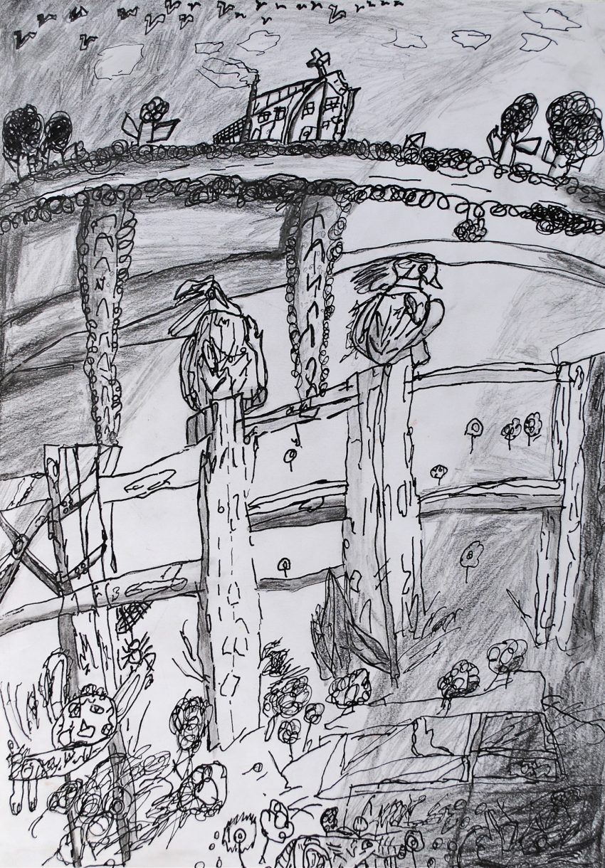 A drawing of a landscape scene