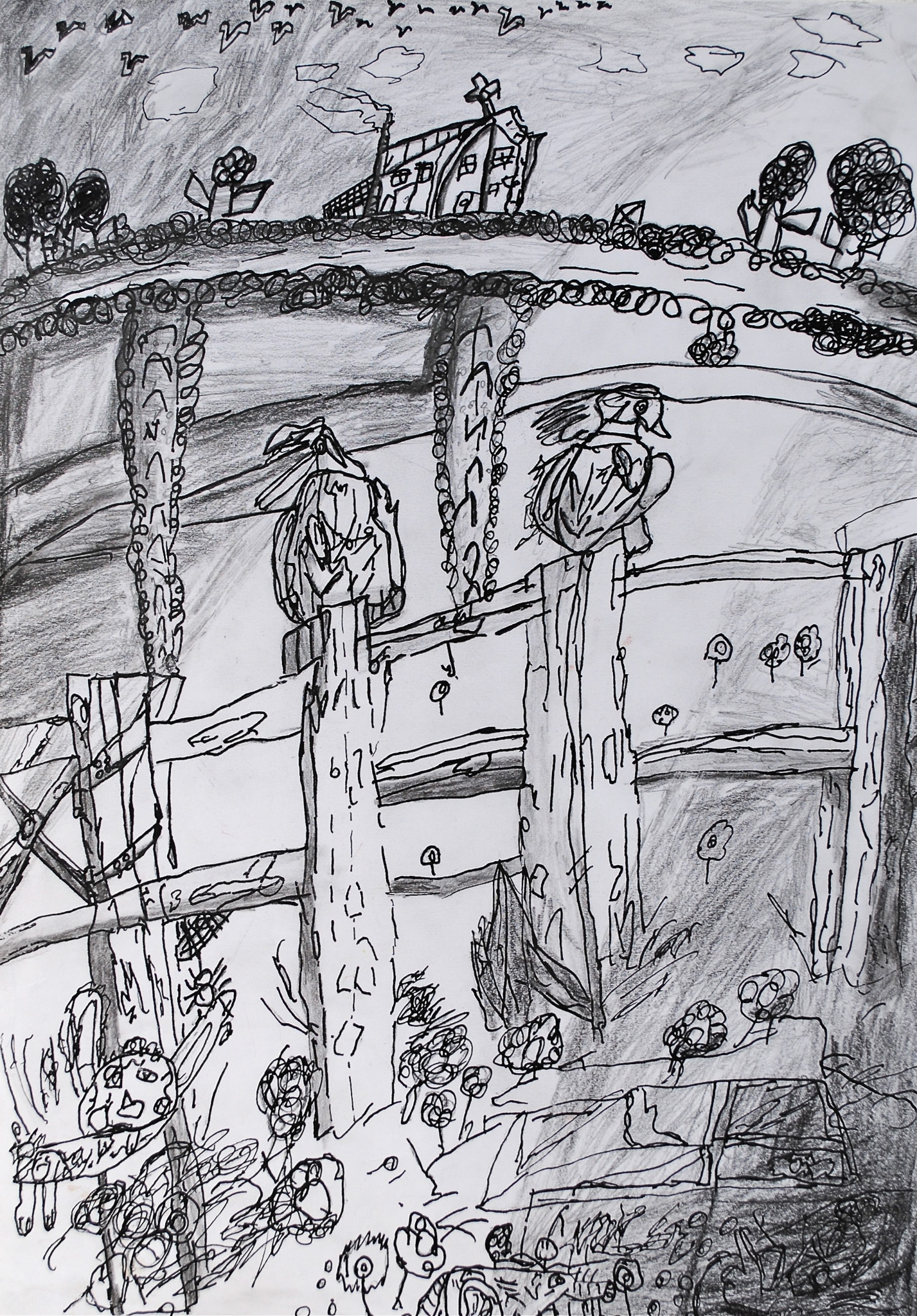 A drawing of a landscape scene