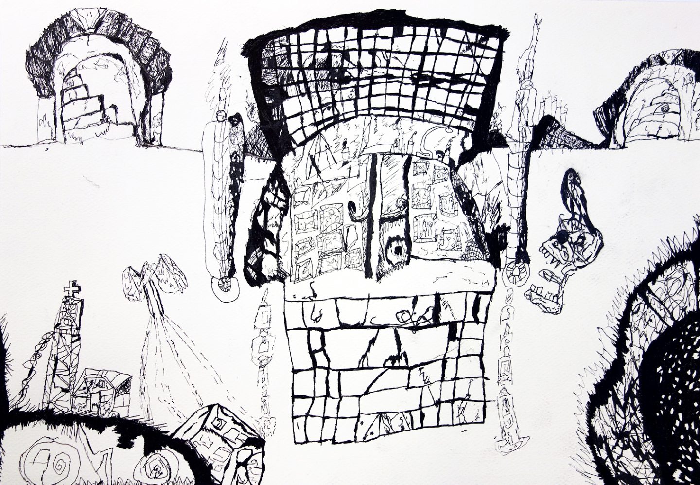 A drawing in black ink on white paper.
