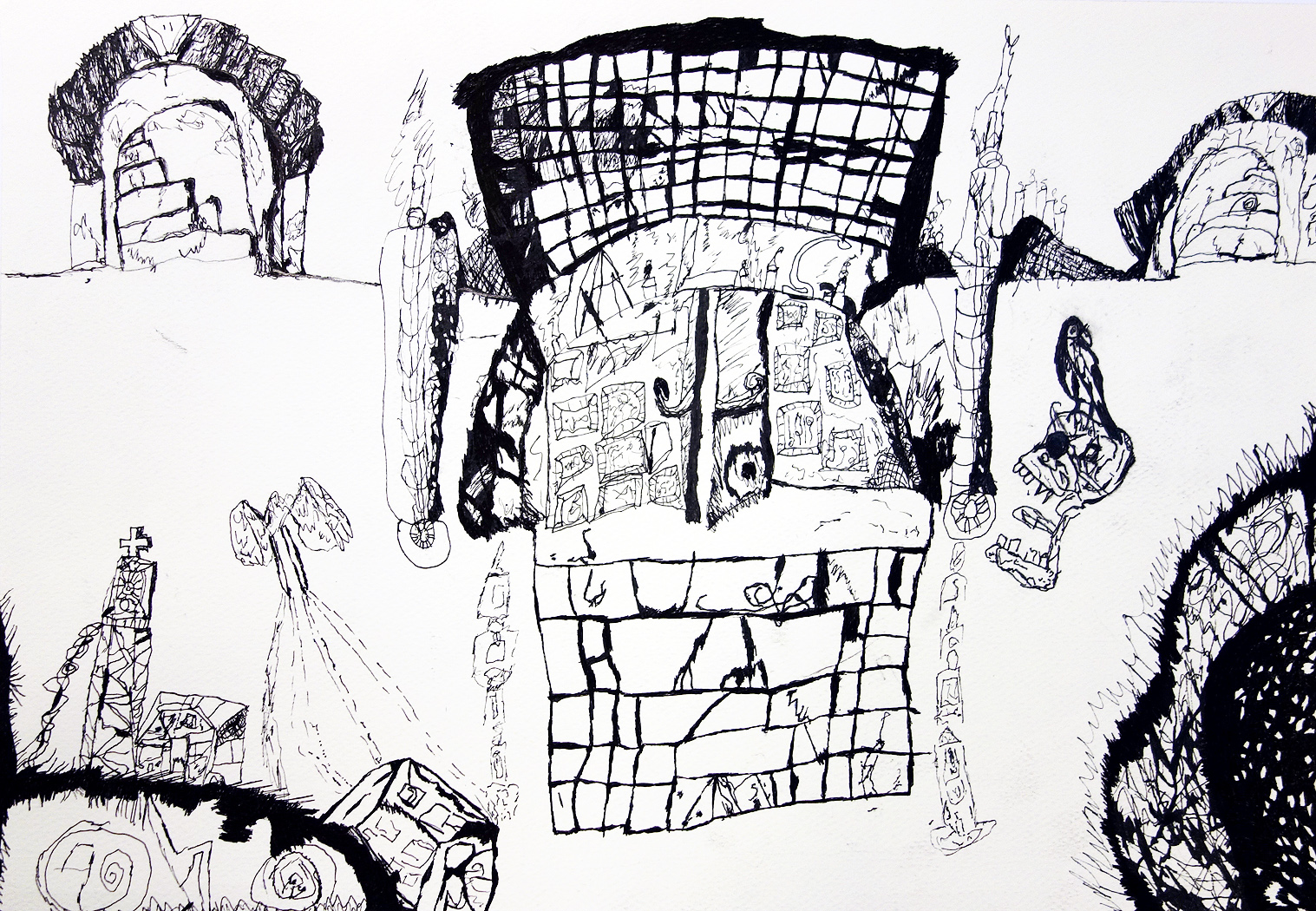 A drawing in black ink on white paper.