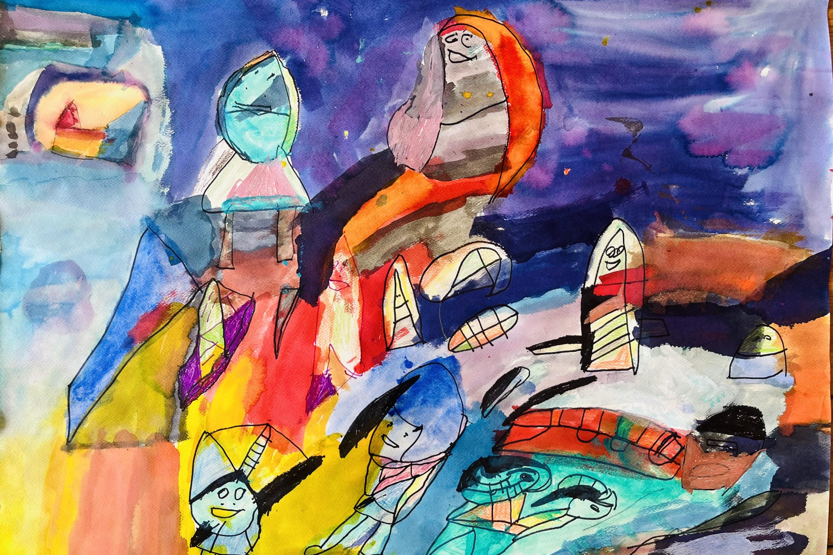 A colourful abstract painting inspired by outer space.