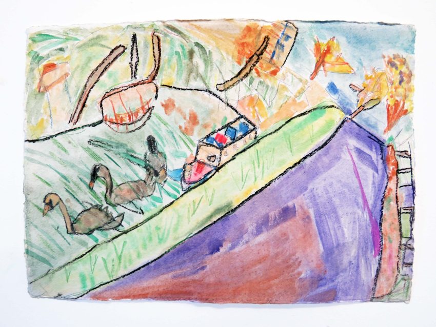 Along the canal, December 2025. Watercolour, pencil, oil pastel and charcoal on paper, 29.7 x 42 cm. Image courtesy of the Artist and ActionSpace