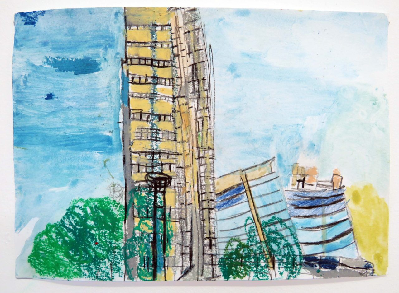 Building Works, November 2025. Watercolour, pencil and oil pastel on paper, 21 x 29.7 cm. Image courtesy of the Artist and ActionSpace
