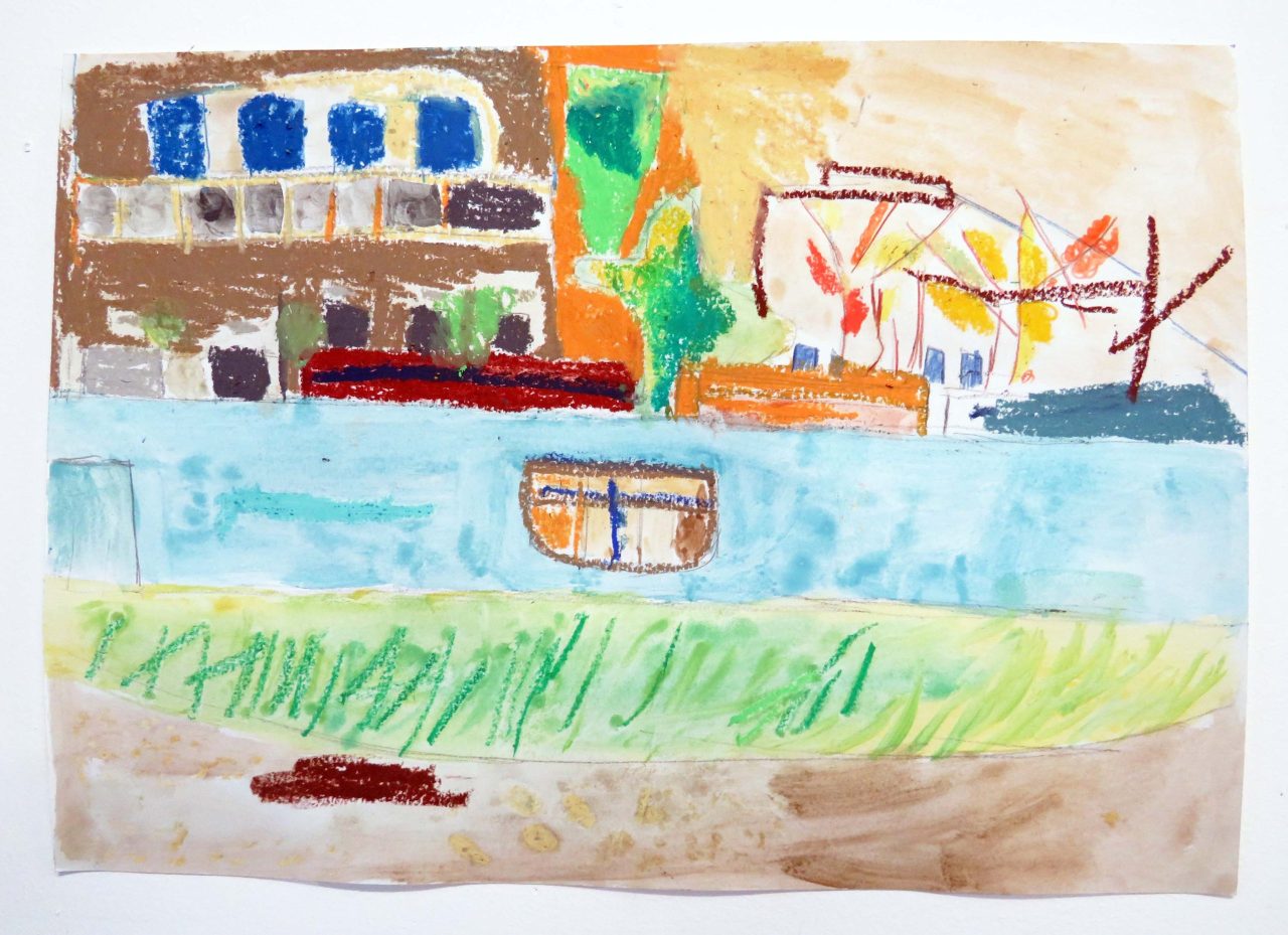 Canalboat, November 2025. Watercolour, pencil and oil pastel on paper, 29.7 x 42 cm. Image courtesy of the Artist and ActionSpace.