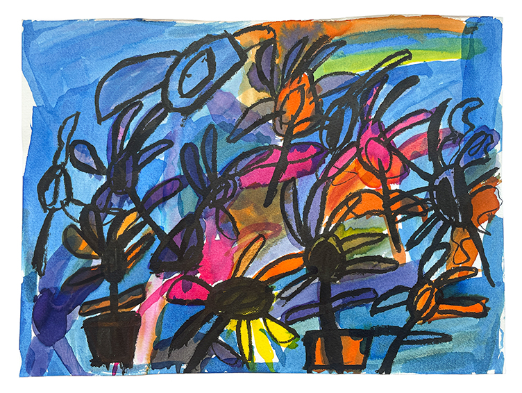 A colourful ink drawing of flowers.