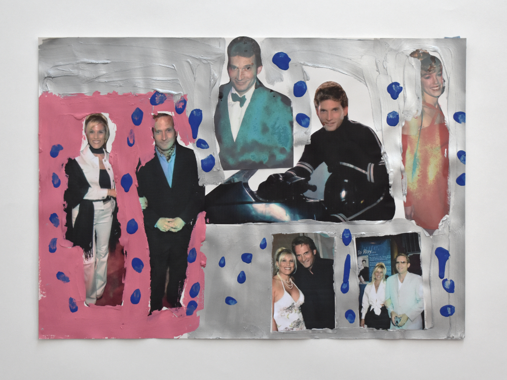 Collaged cut outs of celebrities from newspapers on a silver and pink painted background.