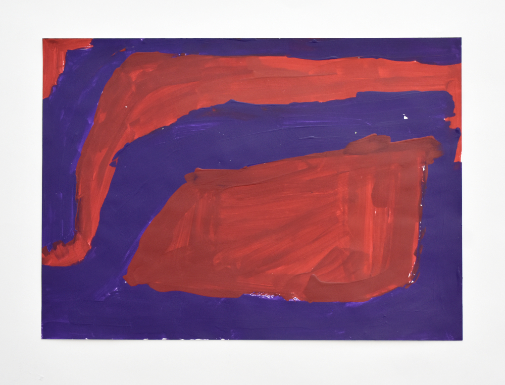 Blue painted background with two red abstract shapes.