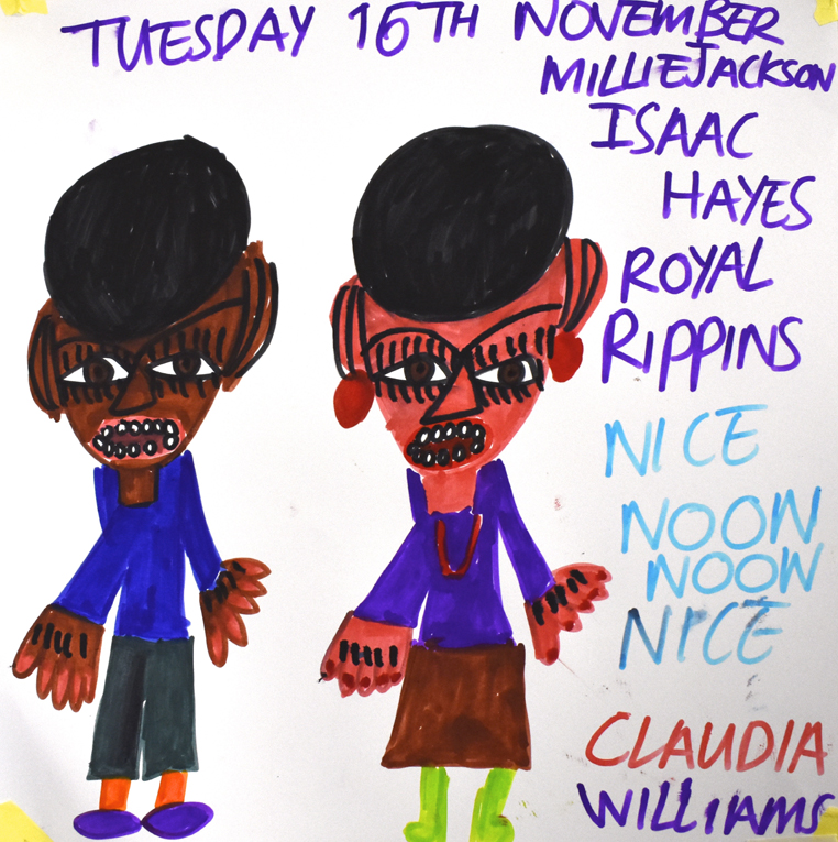 Drawing of two people with words written around them.