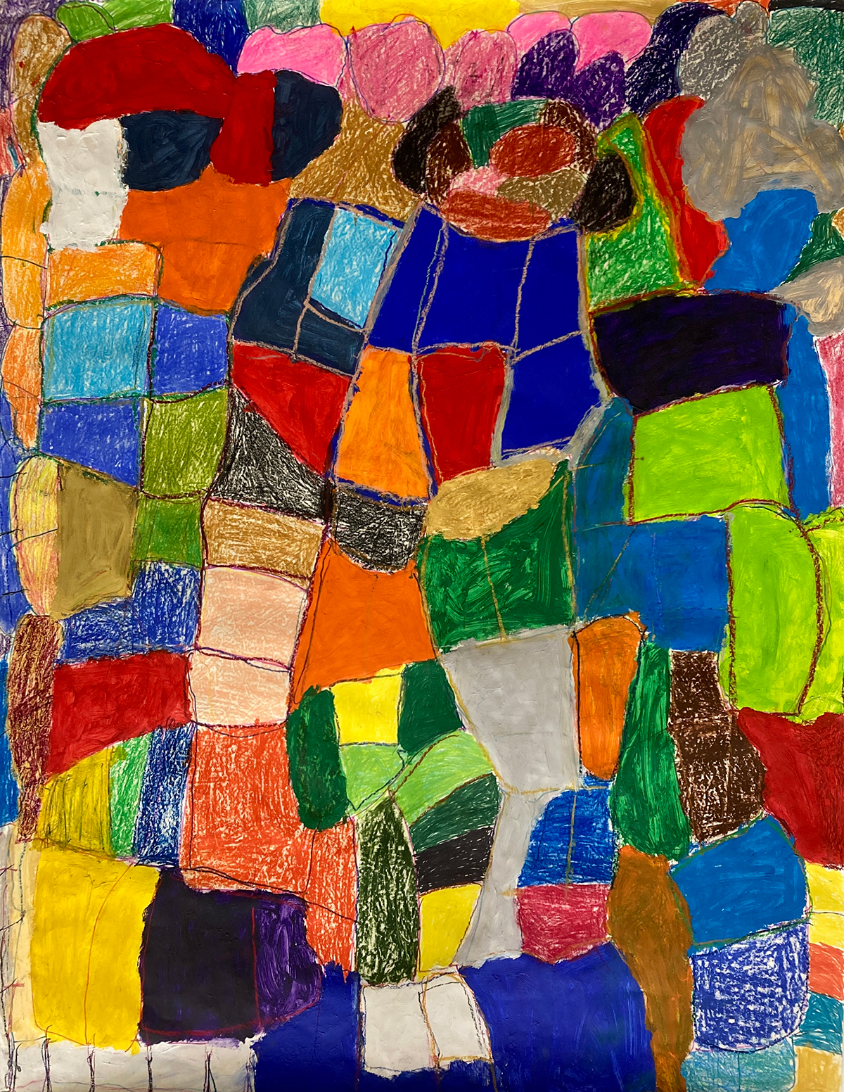 Abstract painting of colourful patchwork blocks of colour.