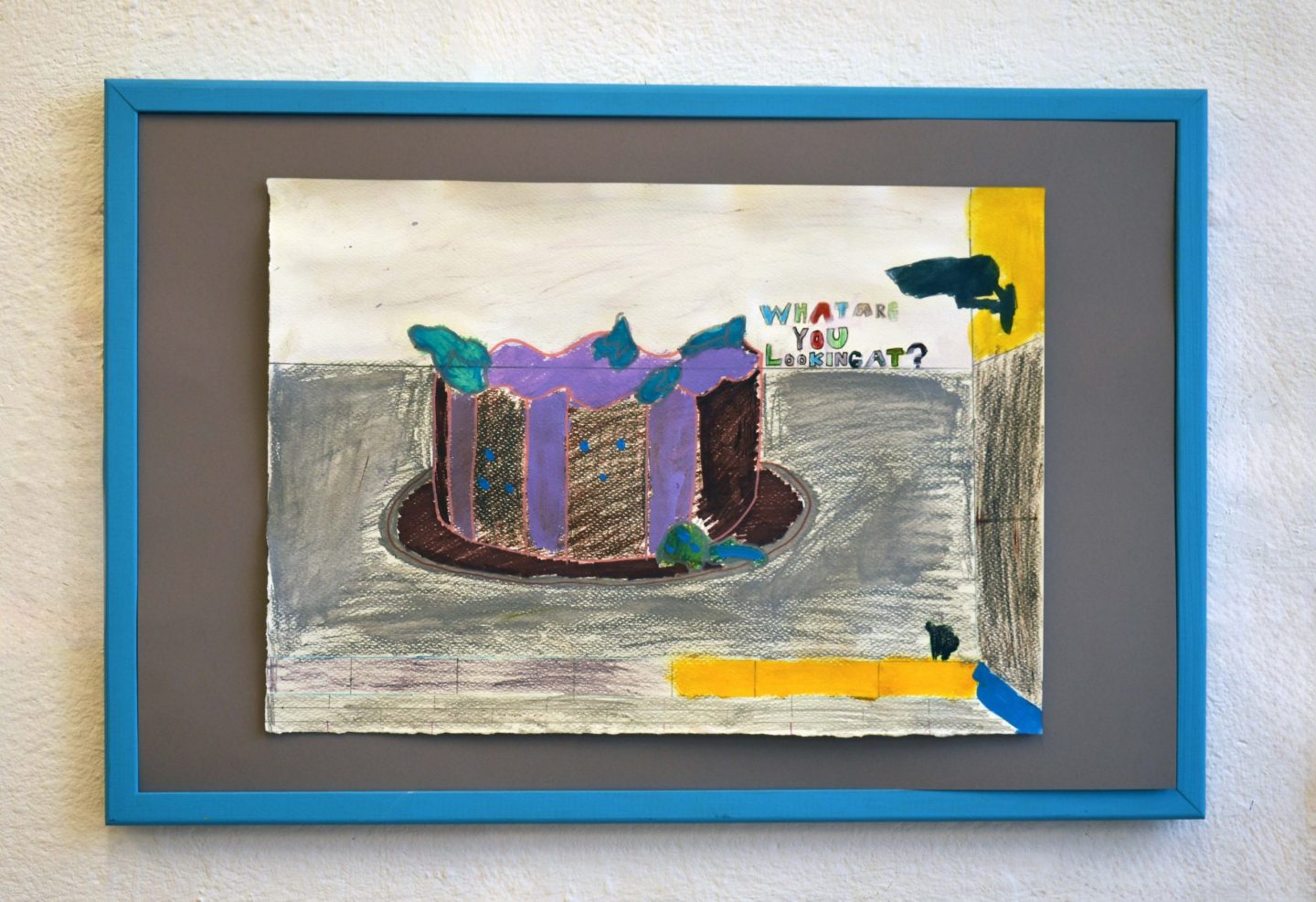 An abstract painting in a blue frame.