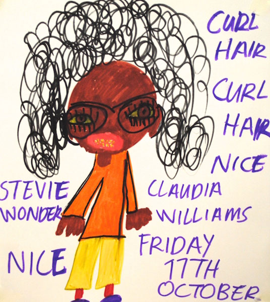 Drawing of a lady with black curly hair wearing an orange top.