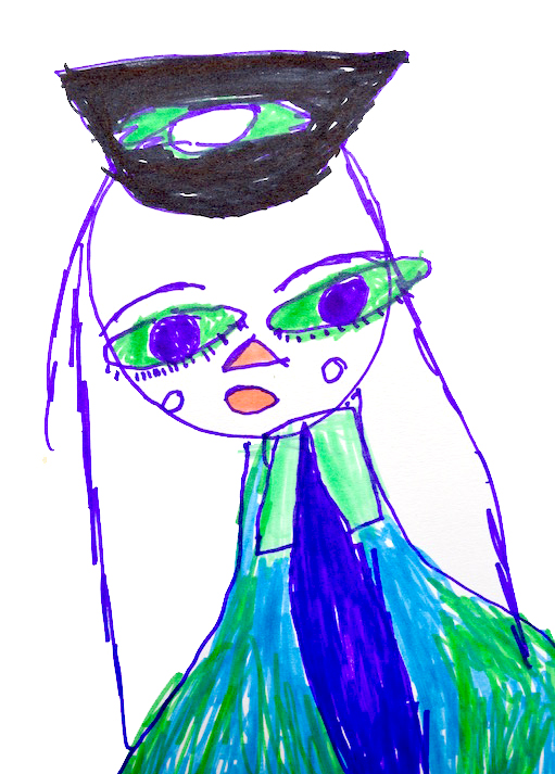 A colourful drawing of a figure on white paper.