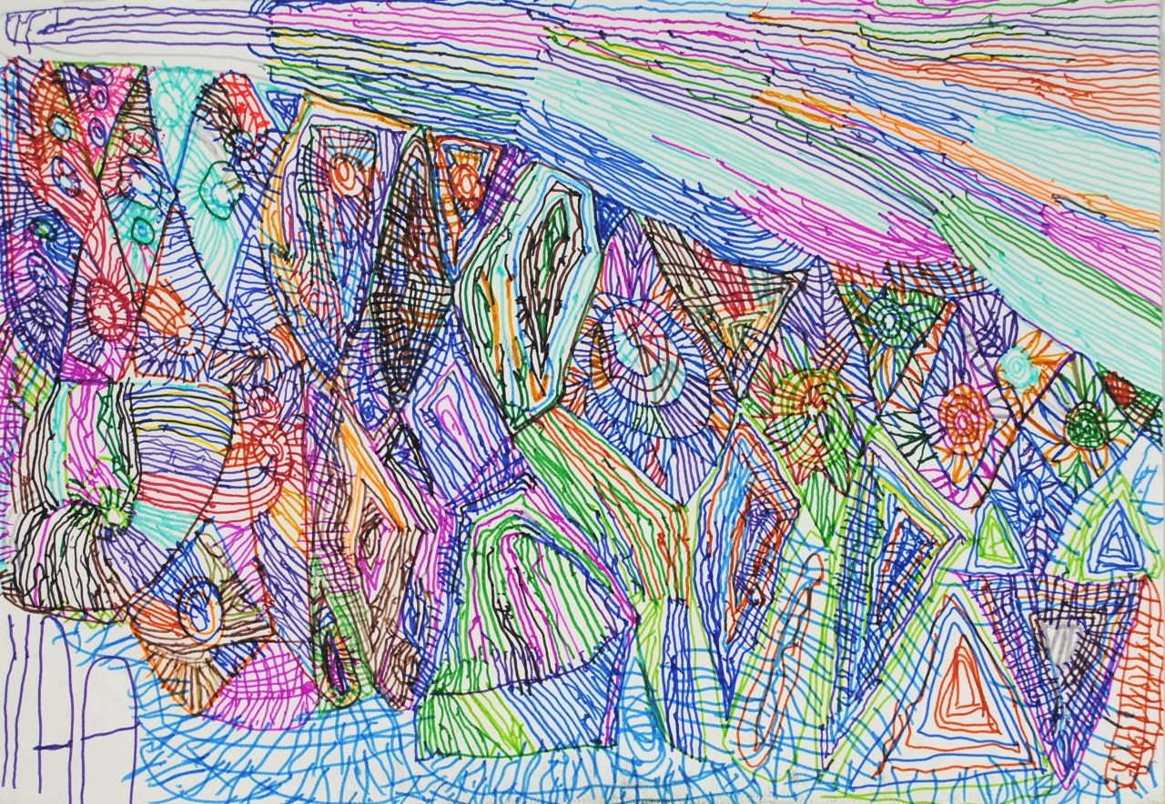 A colourful abstract drawing in pen.
