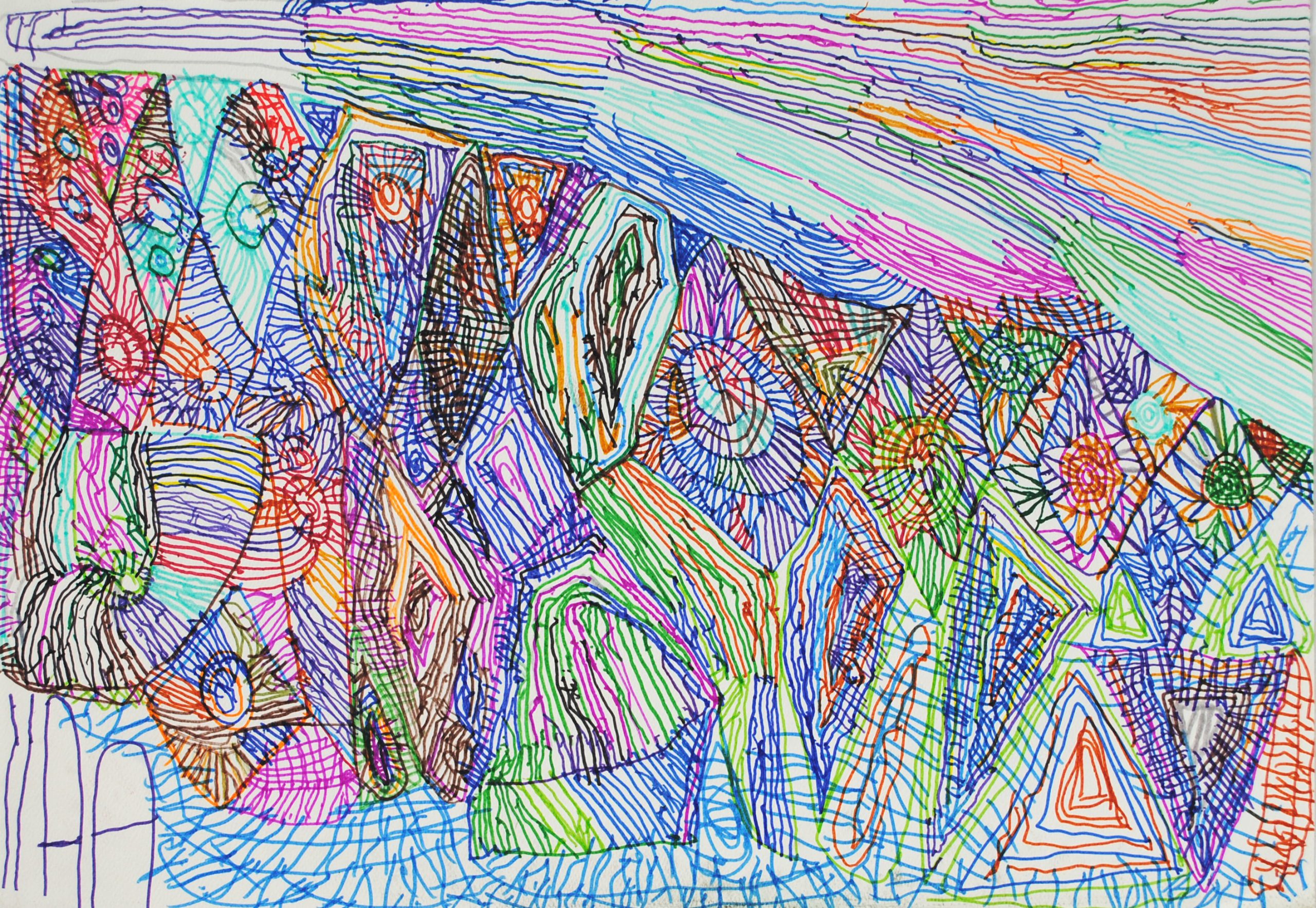 A colourful abstract drawing in pen.