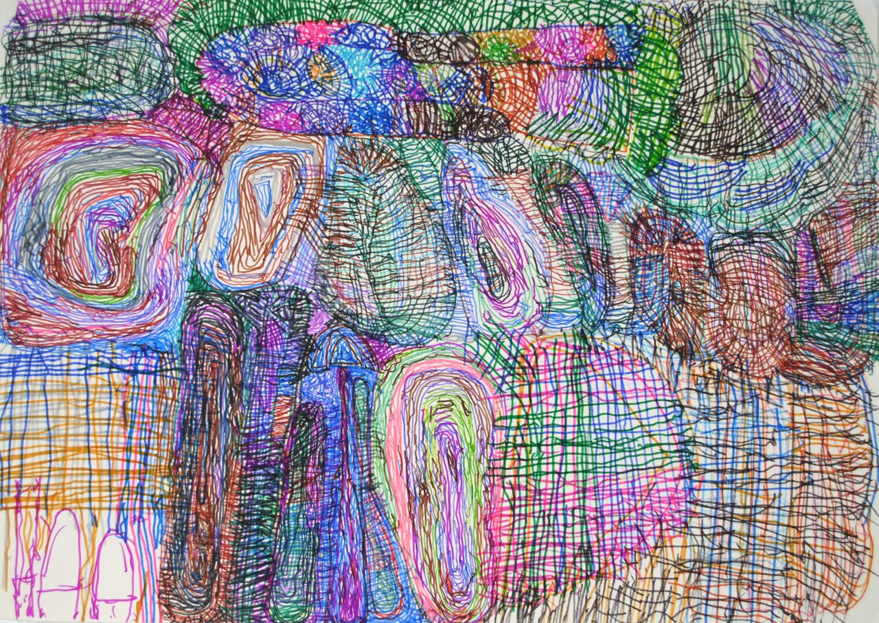 A colourful abstract drawing in pen.
