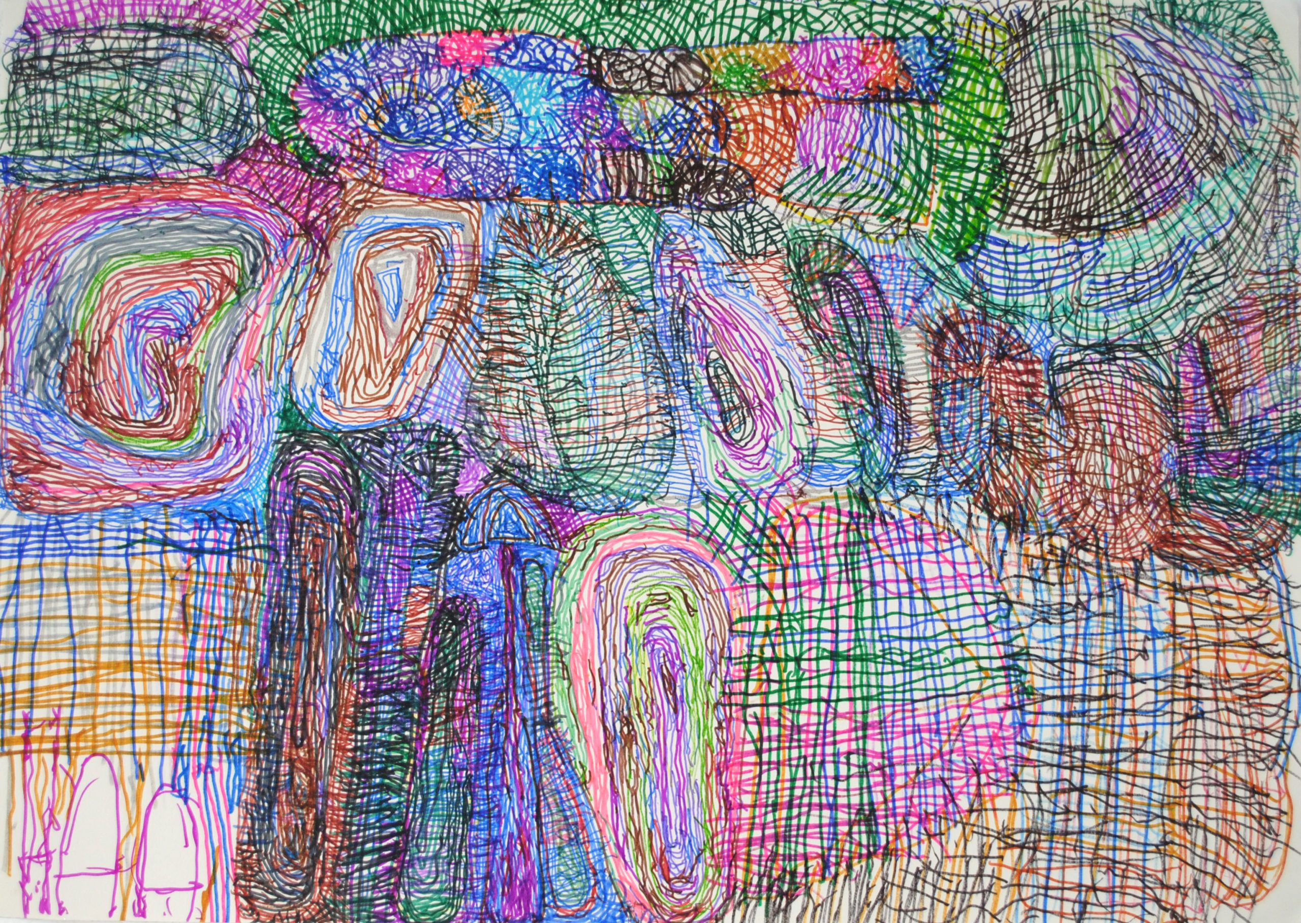 A colourful abstract drawing in pen.