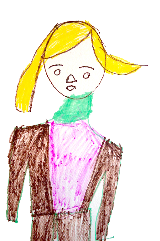 A colourful drawing of a figure with blonde hair, on paper.
