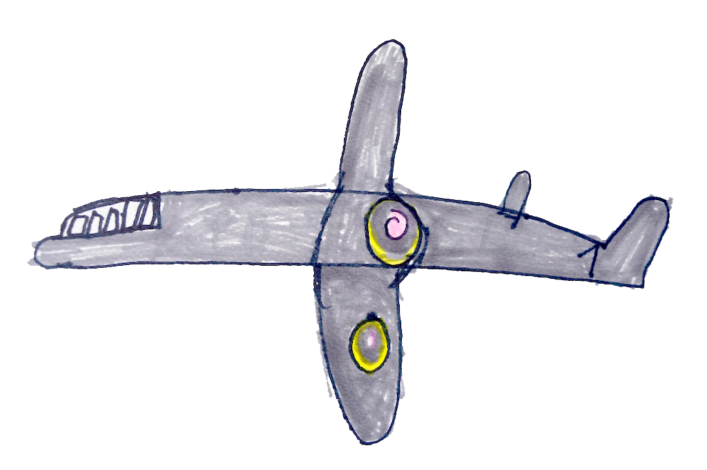 A drawing of a grey airplane.