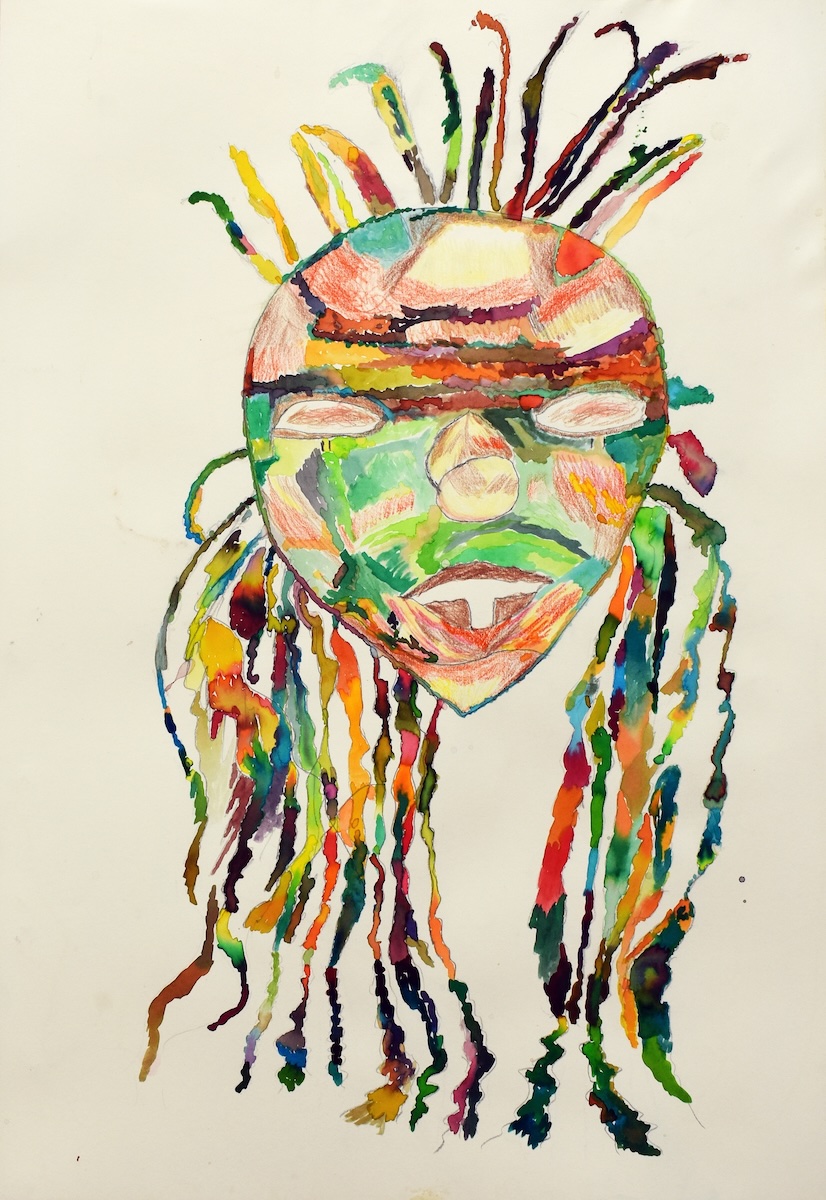 Ink and pencil on white paper depicting an ogoni mask in a semi abstract, colourful fashion.