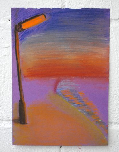 A painting of an outdoor scene at sunset.