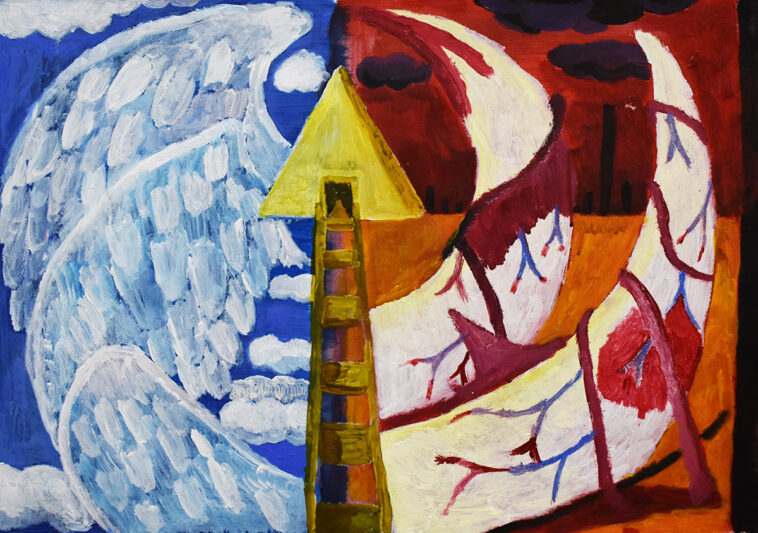 Immanuel Adelowo's artwork, showing a painted blue angel wing on one half of the work, a yellow pyramid in the middle, and a deep red pattern on the adjacent half.