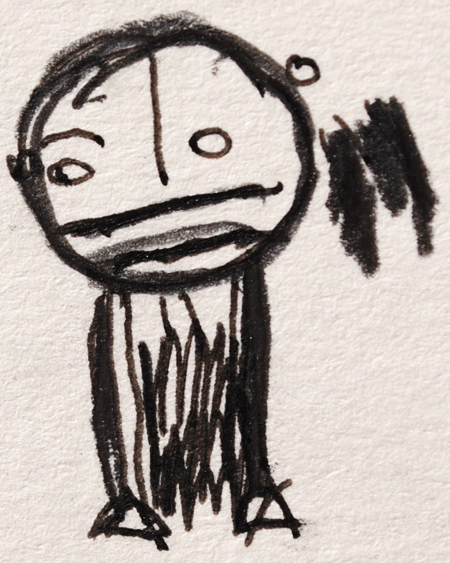 Detail of a black pen drawing of a cartoon like person