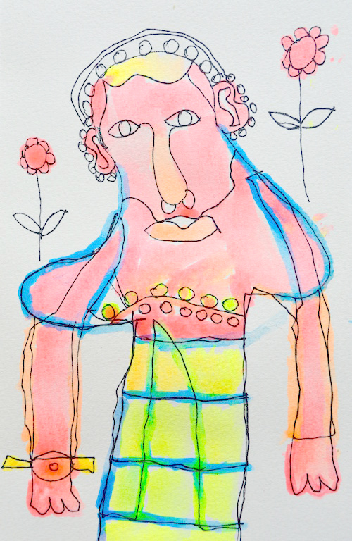 A drawing of a figure with a pink flower either side.