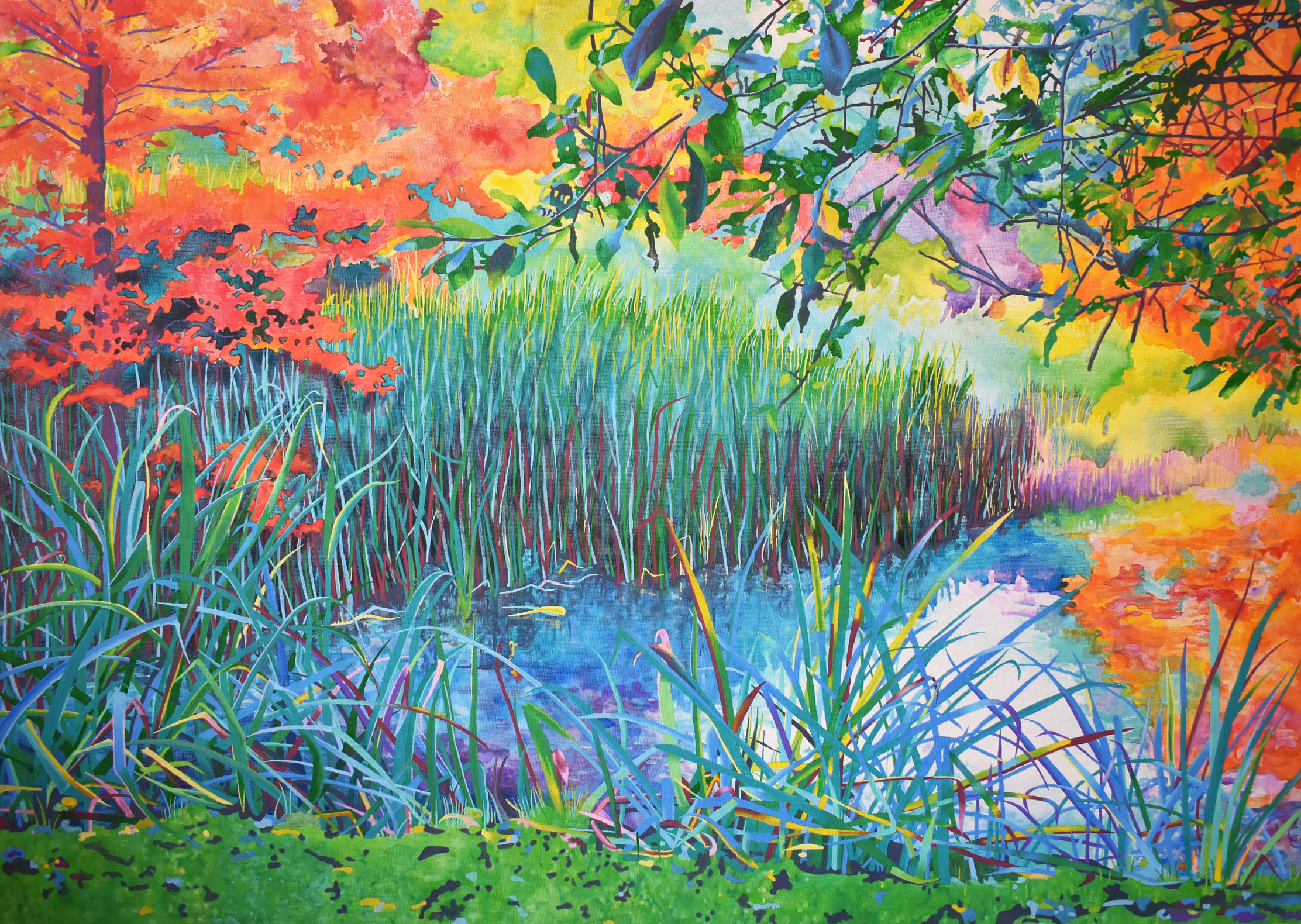 A brightly coloured painting of a lake, surrounded by foliage.