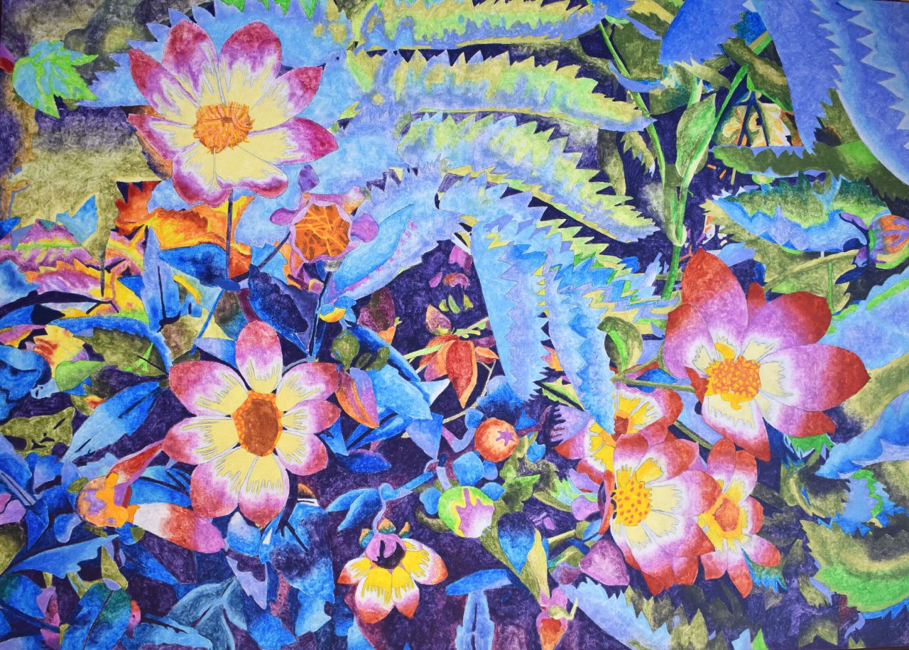 A bright painting of flowers and foliage.