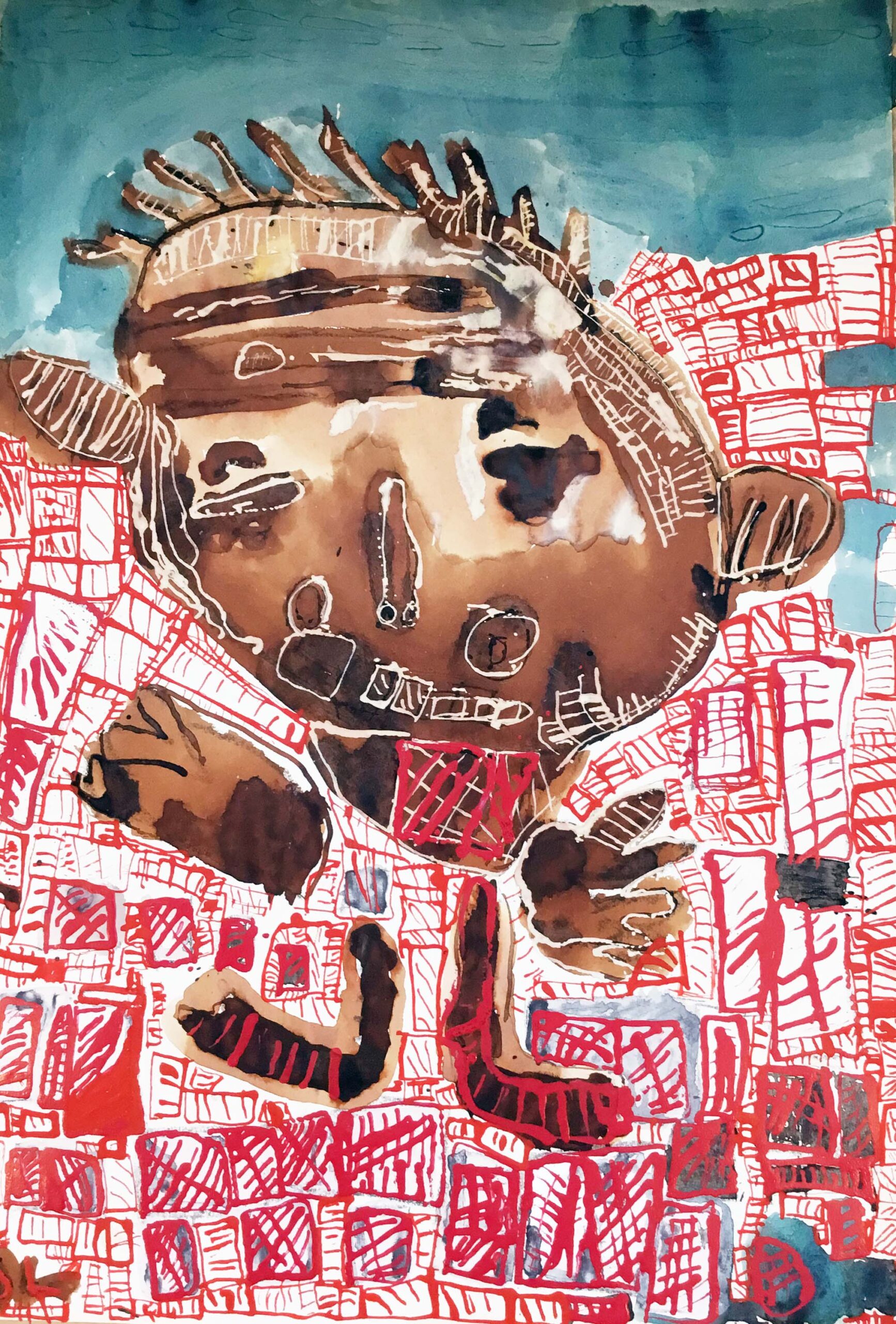 An abstract figure surrounded by multipe cross hatched boxes.