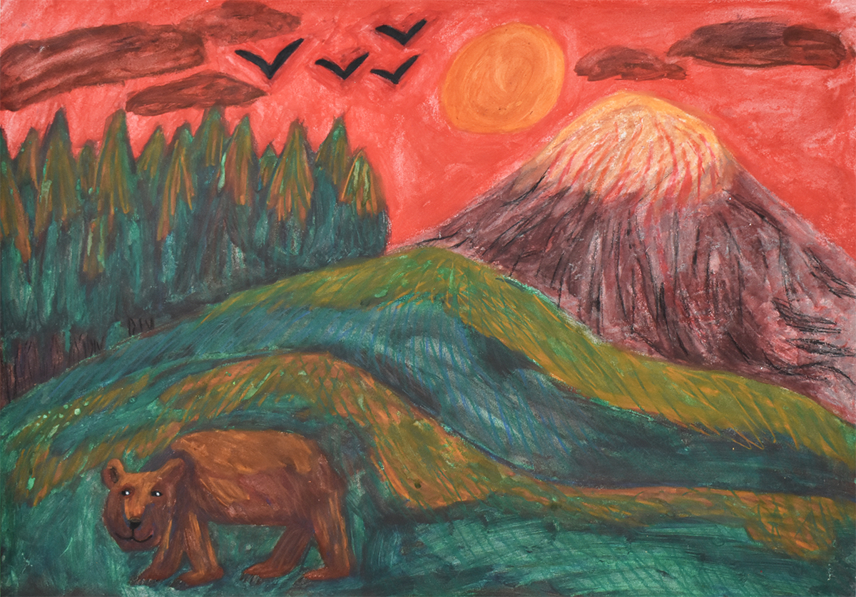 An drawing of a bear in the foreground, against green rolling hills and a tall mountain. The orange-yellow sun is low in the red sky, with birds flying amongst the clouds.