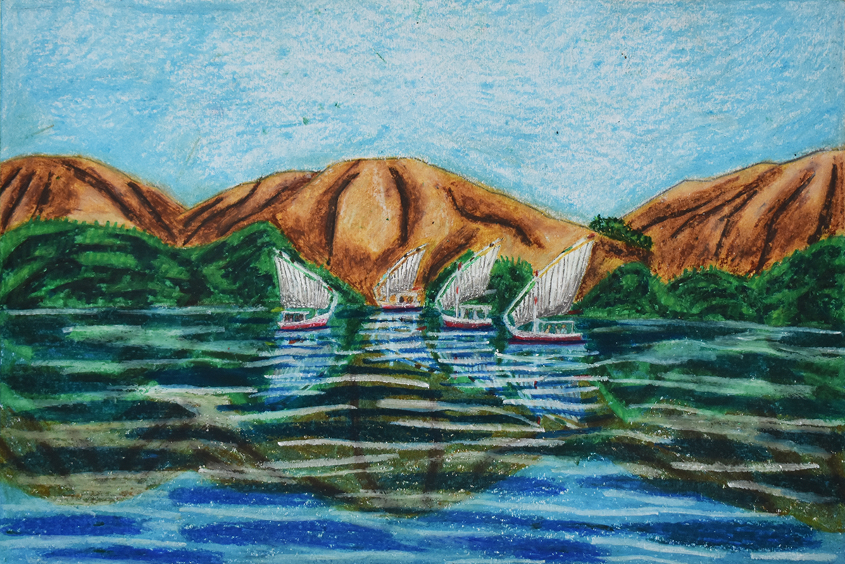 A painting of the river Nile, with a fleet of small boats on the centre of the water. A bright blue sky and tall hills frame the backdrop.