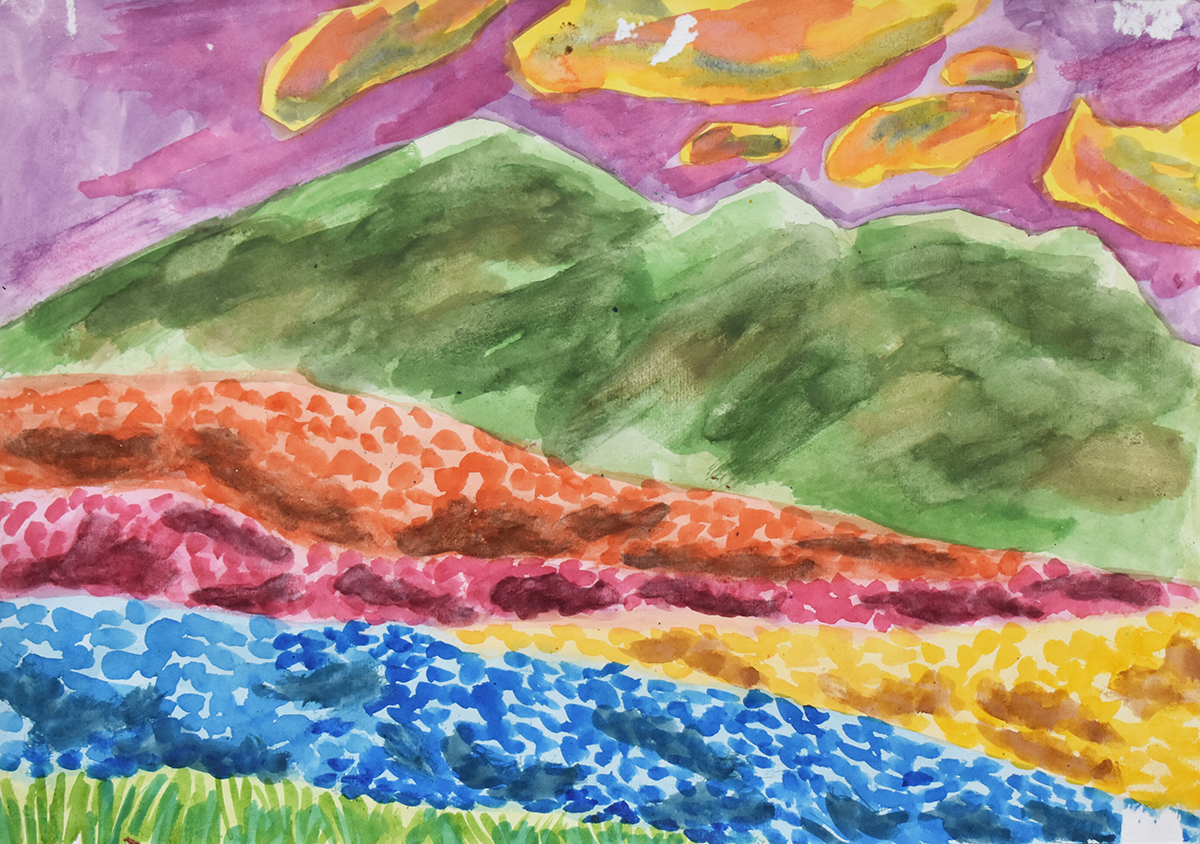 An abstract, colourful painting depicting fields of blue, yellow, pink and red flowers, against a backdrop of tall mountains and a pink, cloudy sky.